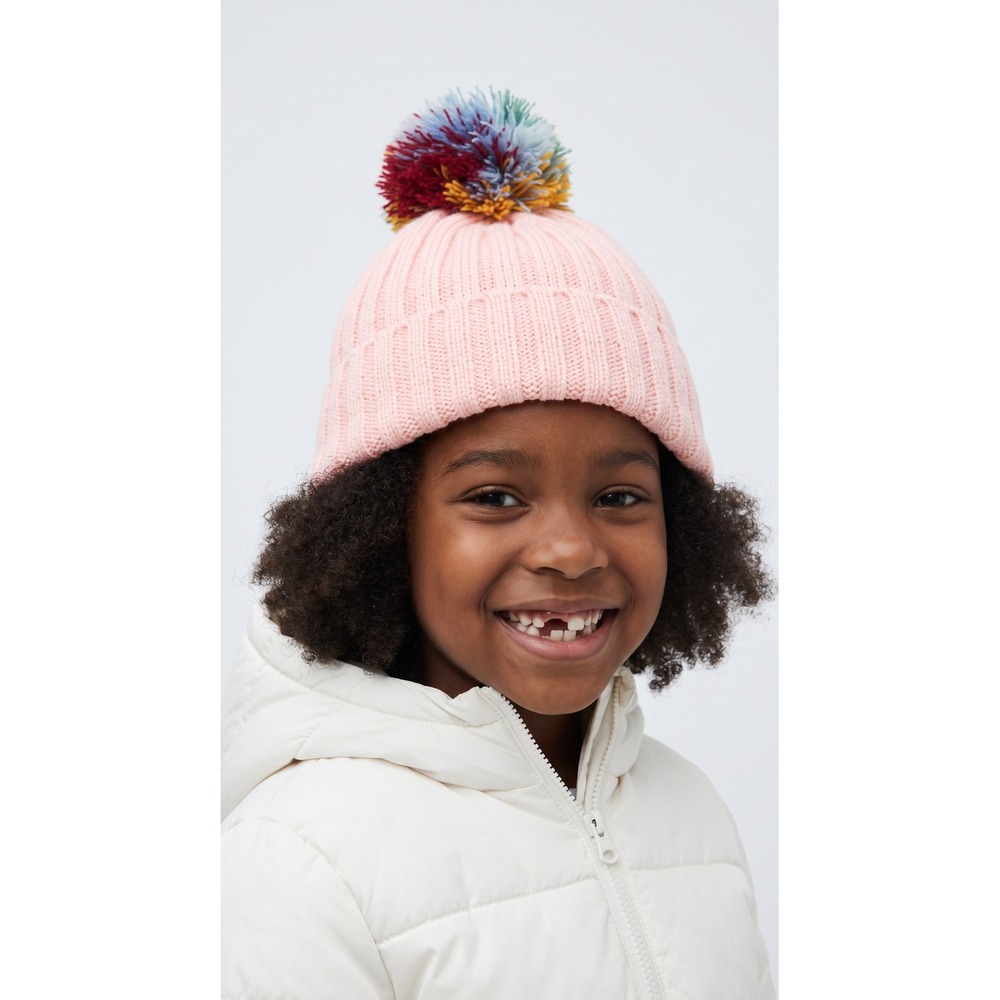 NWOT Hanna Andersson Kids Pink Ribbed Knit Beanie Multi-Color Pom Pom Hat Small